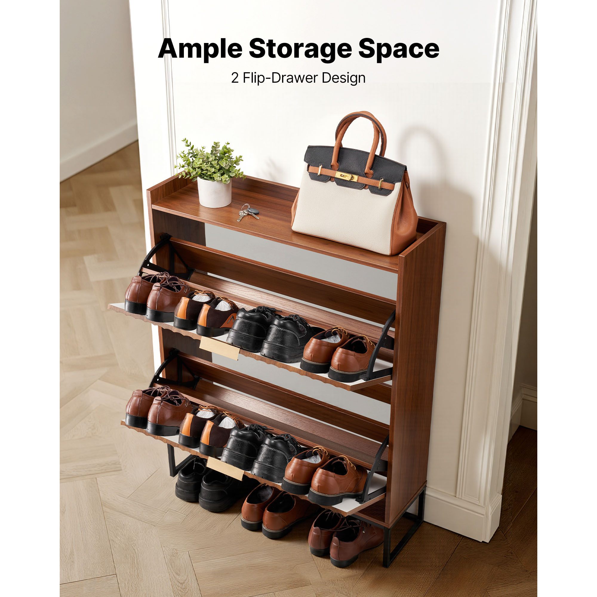 Shoe Cabinet With Flip Drawers Freestanding Fluted Walnut Wood_voghion.com